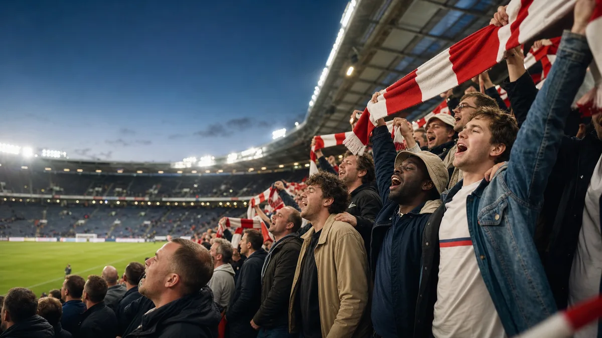Supporters anglais chantant ensemble dans un stade après un match
