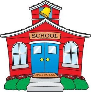 École rouge avec une cloche et une pancarte "School".